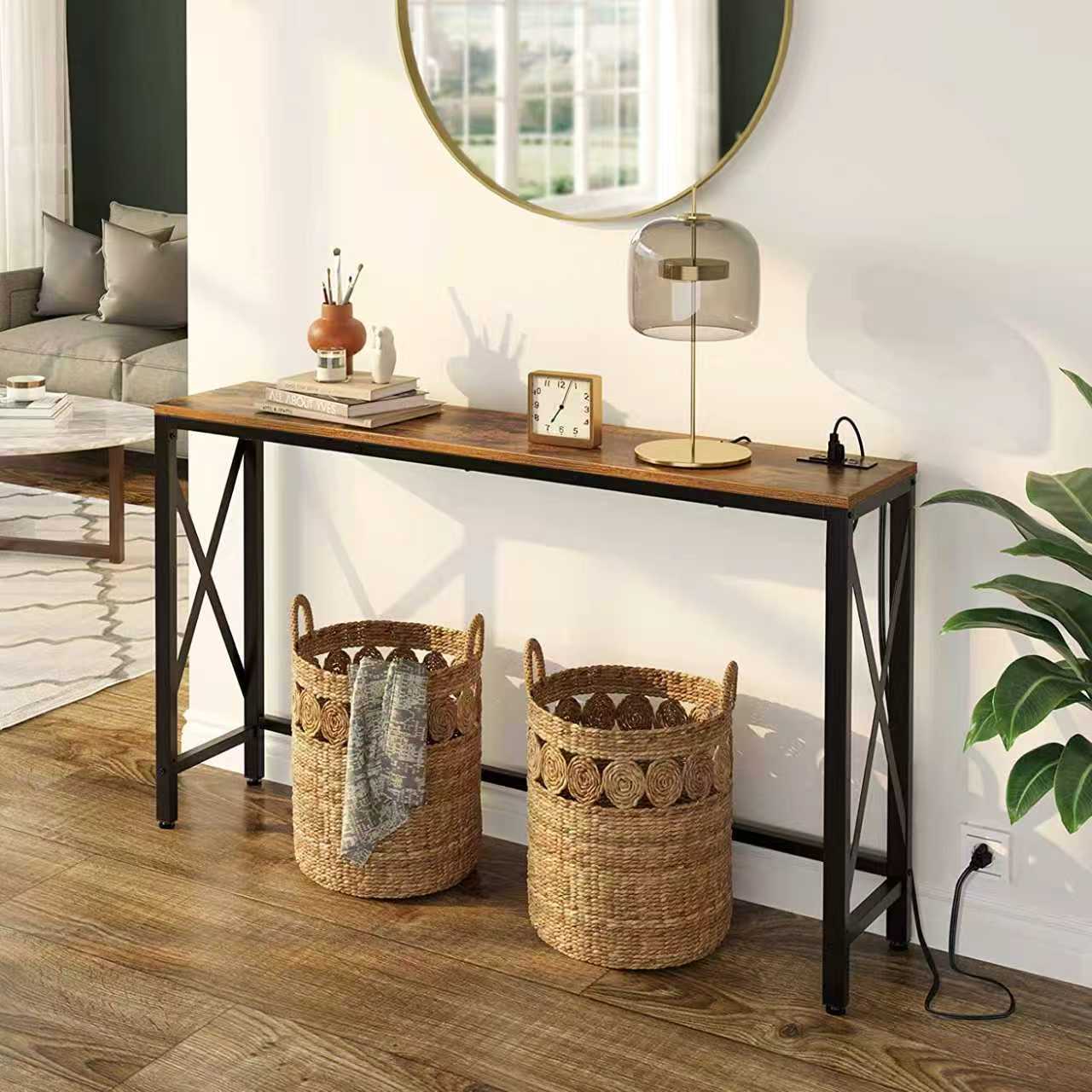 Modern Industrial Console Table – Rustic Wood Entryway Table with Black Metal Frame | Narrow Hallway Sofa Table/ طاولة كونسول عصرية بتصميم صناعي – سطح خشبي ريفي مع إطار معدني أسود للممر وغرفة المعيشة