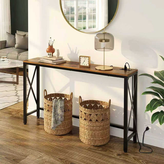 Modern Industrial Console Table – Rustic Wood Entryway Table with Black Metal Frame | Narrow Hallway Sofa Table/ طاولة كونسول عصرية بتصميم صناعي – سطح خشبي ريفي مع إطار معدني أسود للممر وغرفة المعيشة