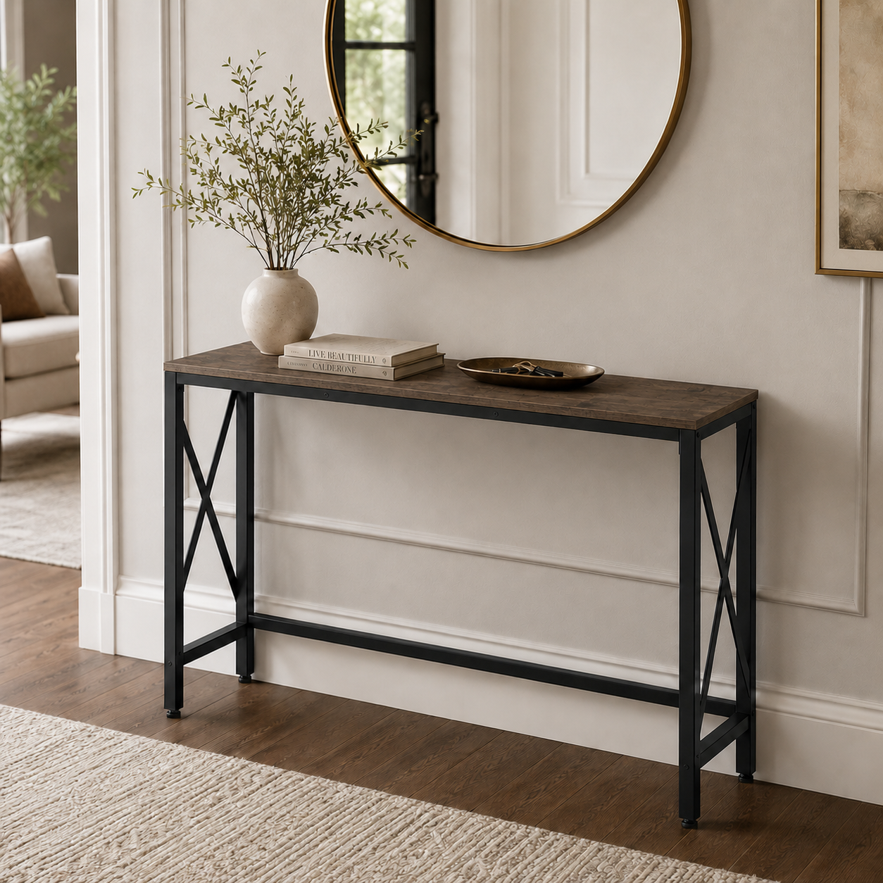 Modern Industrial Console Table – Rustic Wood Entryway Table with Black Metal Frame | Narrow Hallway Sofa Table/ طاولة كونسول عصرية بتصميم صناعي – سطح خشبي ريفي مع إطار معدني أسود للممر وغرفة المعيشة